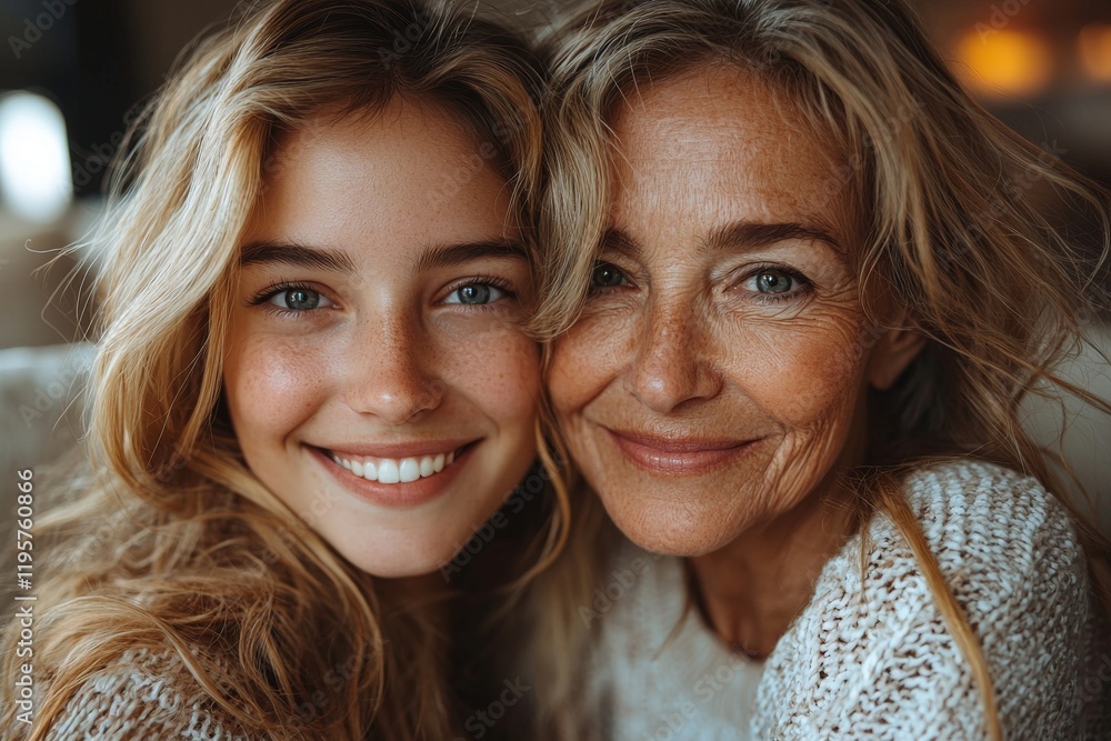 A charming elderly mother and her grown daughter embrace while facing the camera A charming elderly mother and her grown daughter embrace while facing the camera