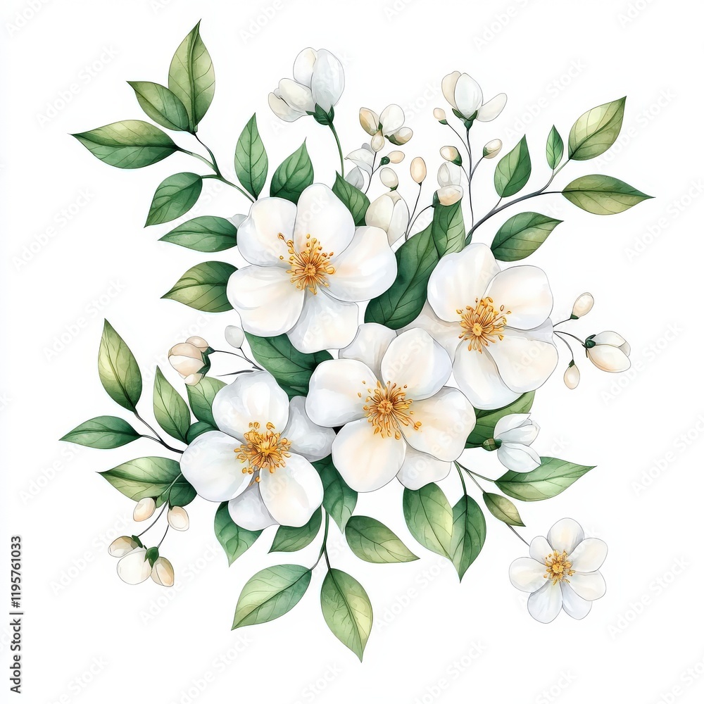 Obraz premium A beautiful arrangement of white flowers and green leaves, showcasing the elegance and delicacy of nature.