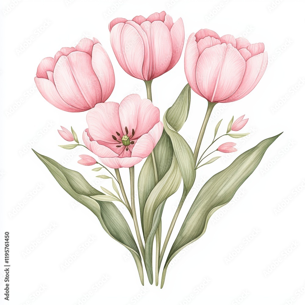 Fototapeta premium A beautiful bouquet of pink tulips showcasing delicate petals and lush green leaves, perfect for spring-themed designs.