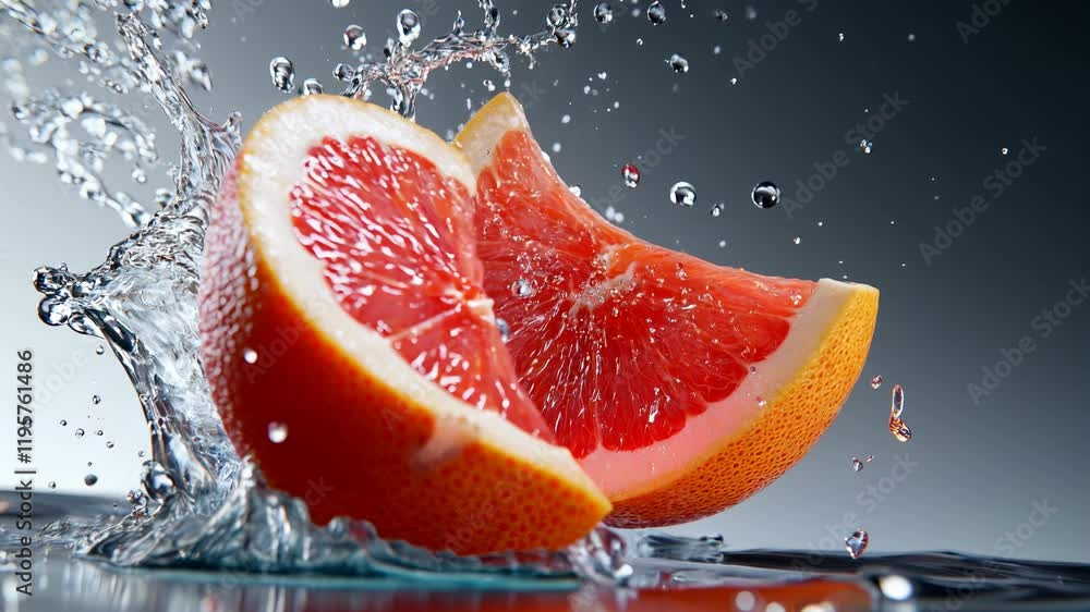 Juicy slices of grapefruit splash into a pool of water, sending droplets flying in an indoor kitchen. The vibrant colors and movement evoke freshness and revitalization.