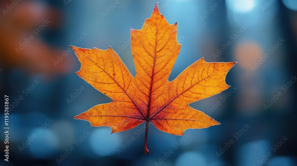 Vibrant Orange Maple Leaf Hanging Beautifully Against a Soft Blue Background in Autumn, Capturing the Essence of Seasonal Transition and Nature's Beauty Vibrant Orange Maple Leaf Hanging Beautifully Against a Soft Blue Background in Autumn, Capturing the Essence of Seasonal Transition and Nature's Beauty