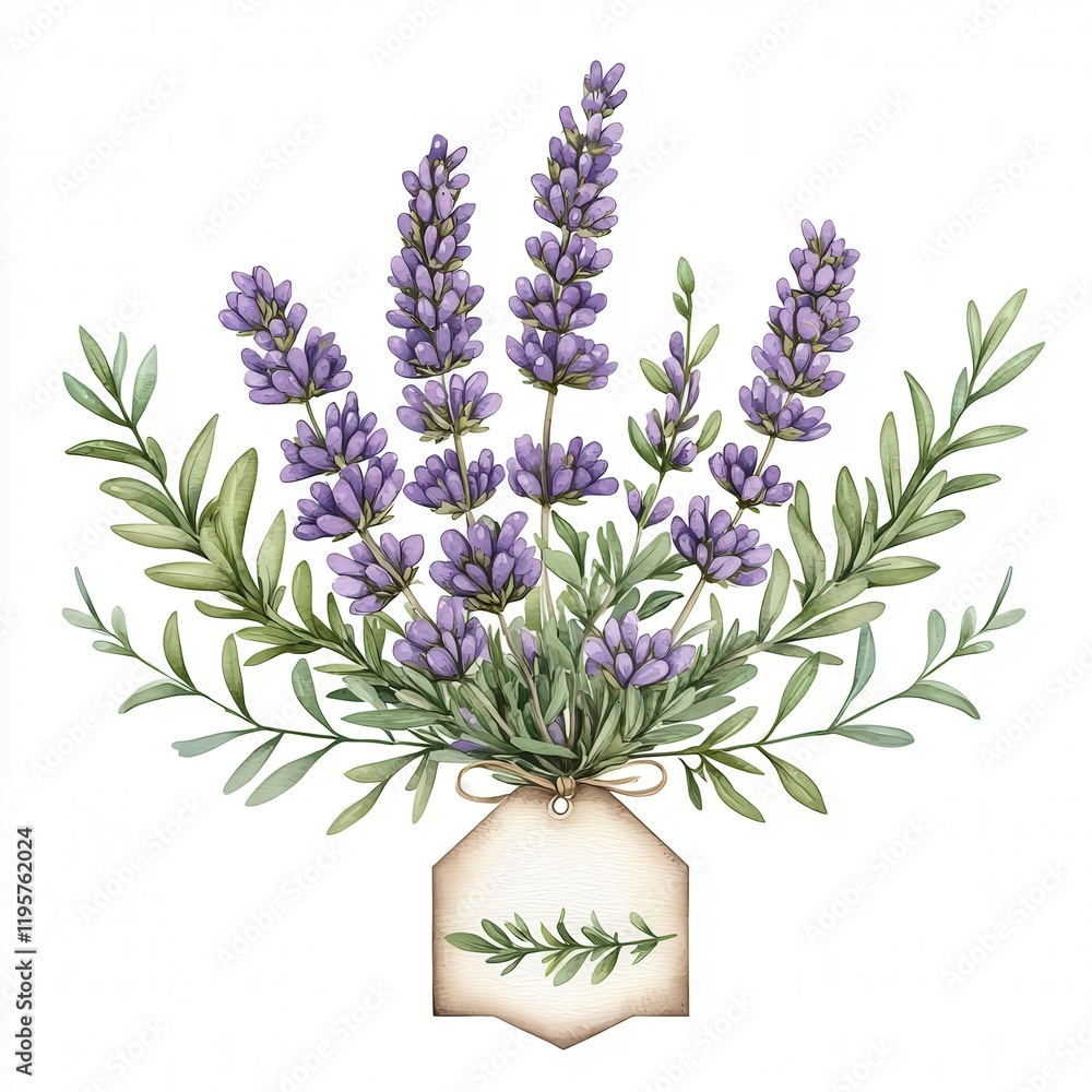 Naklejka premium A beautiful illustration of lavender flowers, showcasing vibrant purple blooms and lush green leaves, perfect for aromatic decor.