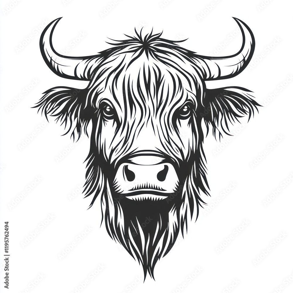 Fototapeta premium Highland bull head drawing, facing front, isolated white background, for design