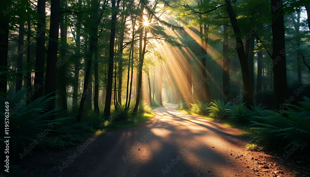 Fototapeta premium Sunbeams Illuminate a Serene Forest Path, Creating a Magical Atmosphere. Perfect for Greeting Cards, with Ample Copy Space for Personalized Messages. The image is rich with detail, showcasing dappled