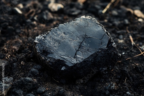 Large piece of coal resting on the ground in mining area photo