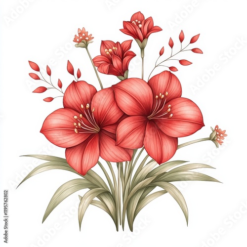 A vibrant arrangement of red flowers with delicate green leaves, perfect for enhancing any floral design or nature-themed project.