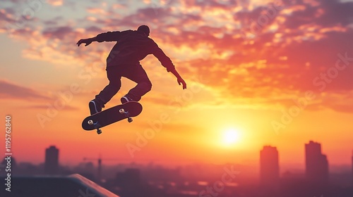 Wallpaper Mural Silhouette of skateboarder jumping at sunset over city. Torontodigital.ca
