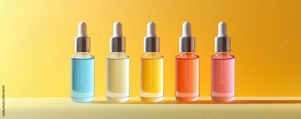 Colorful skincare serums in glass bottles against yellow background Colorful skincare serums in glass bottles against yellow background