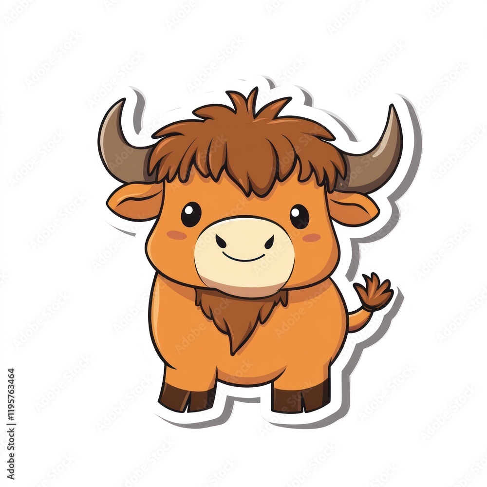 Cute cartoon yak sticker, white background, child's design, ideal for kids' products Cute cartoon yak sticker, white background, child's design, ideal for kids' products