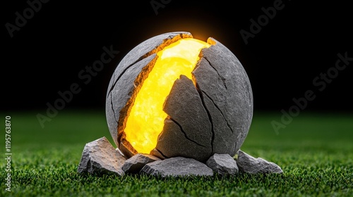 a stone egg with a yellow light coming out of it photo