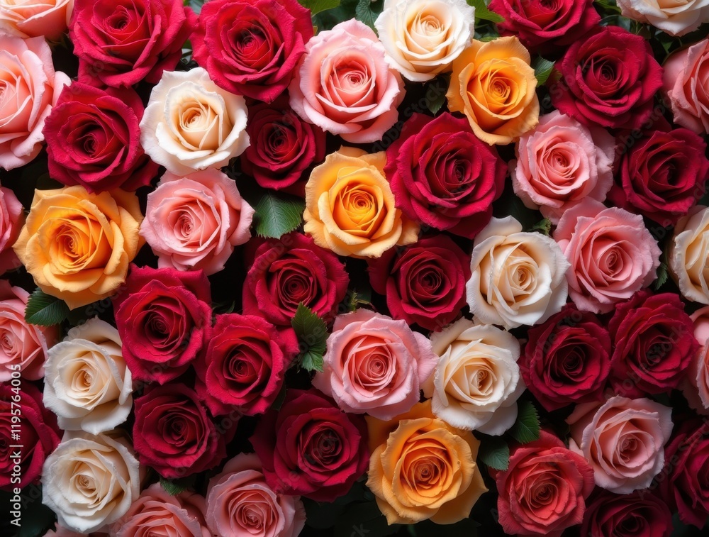 Natural fresh wallpaper with a pattern of roses of different colors. Top view. Holiday concept, Valentine's Day, Birthday, Mothers day Natural fresh wallpaper with a pattern of roses of different colors. Top view. Holiday concept, Valentine's Day, Birthday, Mothers day