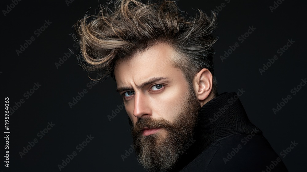 Obraz premium A man with a beard and a shaved head is standing in front of a black background