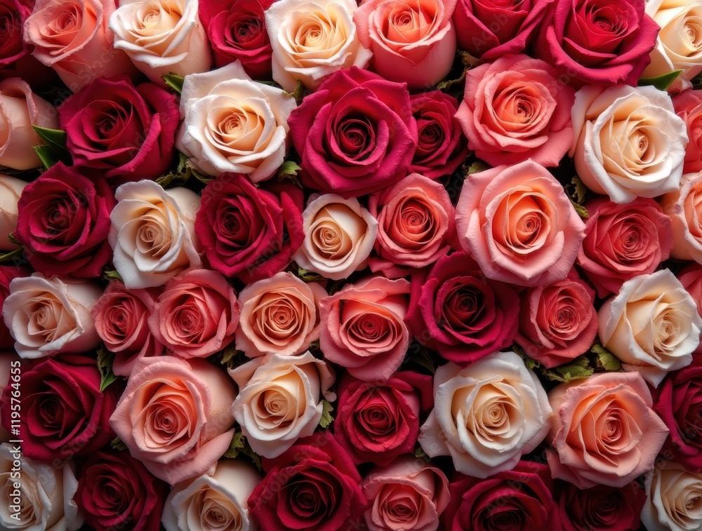 Naklejka premium Natural fresh wallpaper with a pattern of roses of different colors. Top view. Holiday concept, Valentine's Day, Birthday, Mothers day