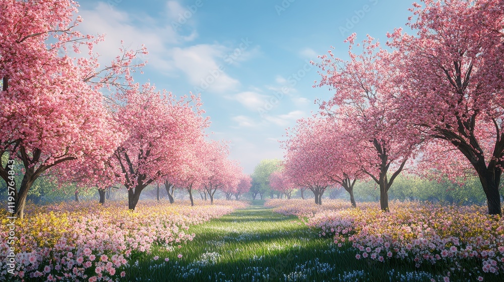 Serene cherry blossom pathway in blooming spring landscape Serene cherry blossom pathway in blooming spring landscape