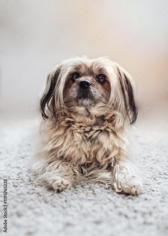 Small fluffy dog laying on a grey carpet, mutt, mixed breed, cute, soft, big eyes Small fluffy dog laying on a grey carpet, mutt, mixed breed, cute, soft, big eyes