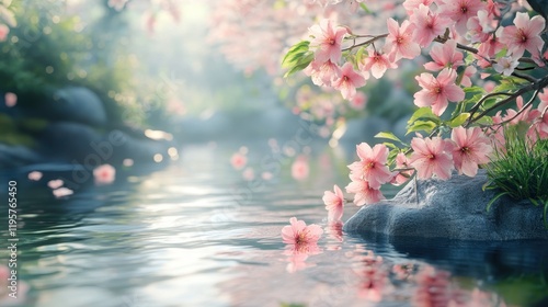 Tranquil spring river with blooming pink cherry blossoms reflecting in water