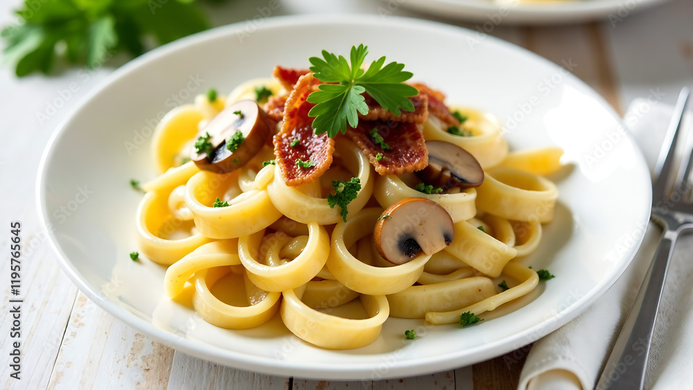 Top view of a white plate filled with fettuccine pasta, sauteed mushrooms, crispy bacon, and parmesan cheese. A fork and napkin are on the plate. Light wooden background with copy space. Depth of f Top view of a white plate filled with fettuccine pasta, sauteed mushrooms, crispy bacon, and parmesan cheese. A fork and napkin are on the plate. Light wooden background with copy space. Depth of f