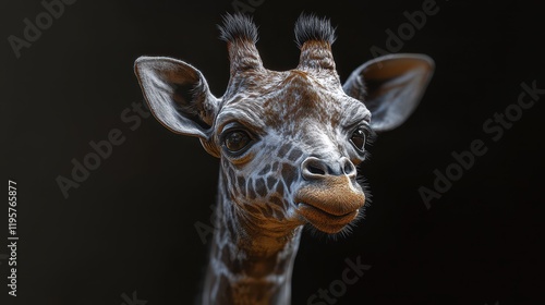 Adorable young giraffe with spotted fur against dark background