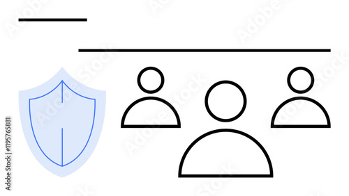 Blue shield beside three outlined people under a protective line. Ideal for data security, teamwork, protection, trust, leadership, unity, privacy. Abstract line flat metaphor