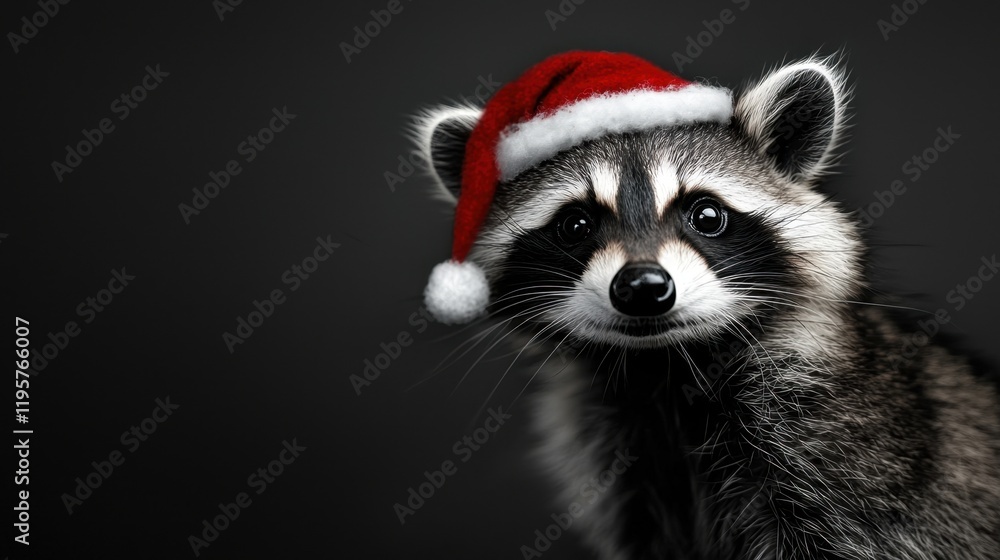 A raccoon wearing a Santa hat is smiling A raccoon wearing a Santa hat is smiling