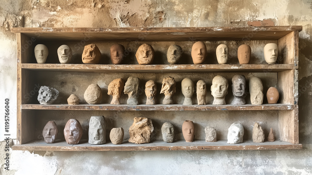 Wooden shelf lined with drying clay objects, including artistic pottery and sculptures Wooden shelf lined with drying clay objects, including artistic pottery and sculptures