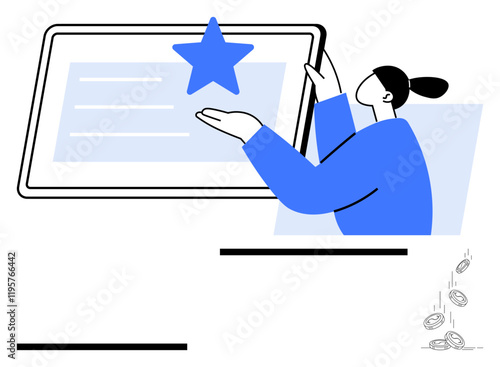 Person presenting a blue star on a tablet screen, symbolizing achievement, ratings, or feedback. Ideal for recognition, success, reviews, quality, rewards customer experience abstract line flat