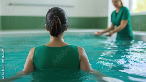 A woman engages in aquatic therapy with a professional in a serene, green-tinted pool, focusing on rehabilitation and wellness.