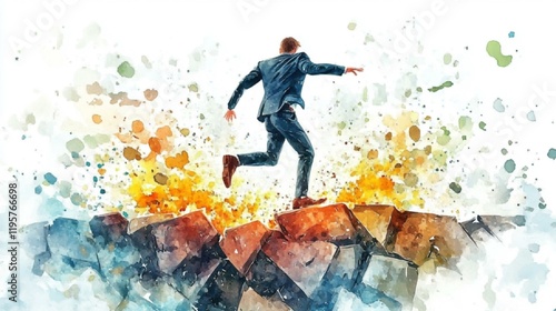 崩れる岩でバランスをとる崖っぷちのサラリーマンのイラスト