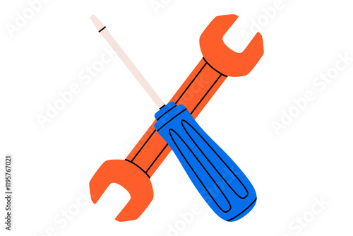 Hand drawn cute cartoon illustration of wrench and screwdriver instrument. Spanner and turn-screw. Flat vector repair tool doodle. Support service hardware icon. Settings or fix problem. Isolated.