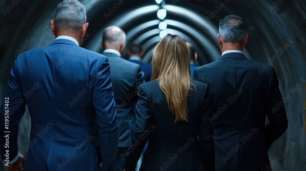 A group of men and women wearing suits walking down a tunnel A group of men and women wearing suits walking down a tunnel