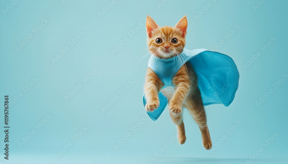 Fototapeta premium superhero cat, Cute orange tabby kitty with a blue cloak and mask jumping and flying on light blue background with copy space. The concept of a superhero, super cat, leader, funny animal studio shot