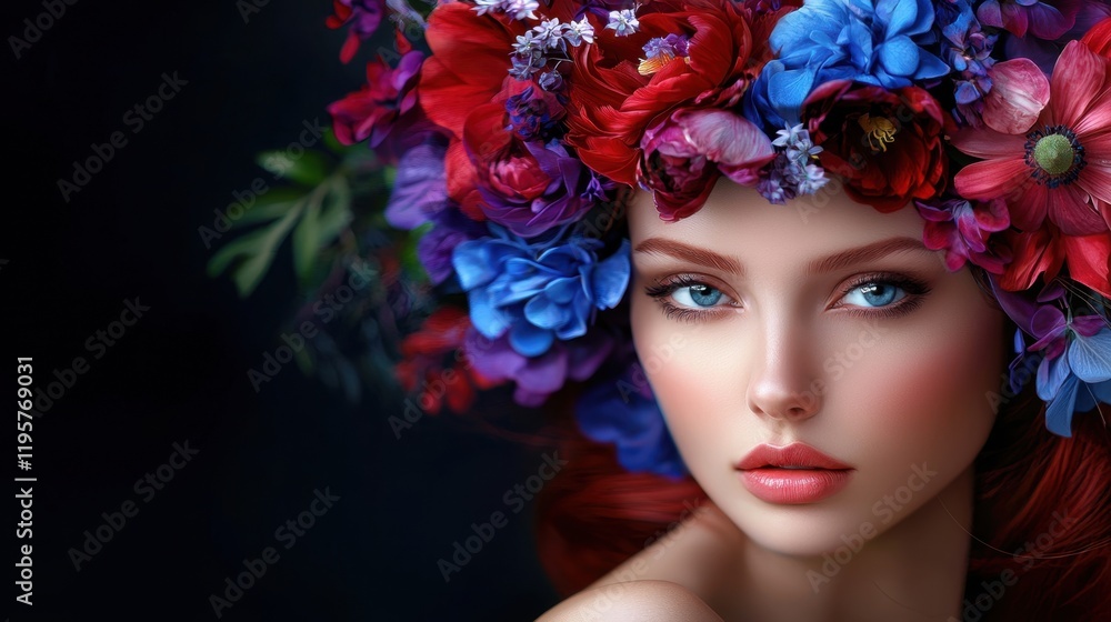 A woman with a flower headdress and blue eyes A woman with a flower headdress and blue eyes