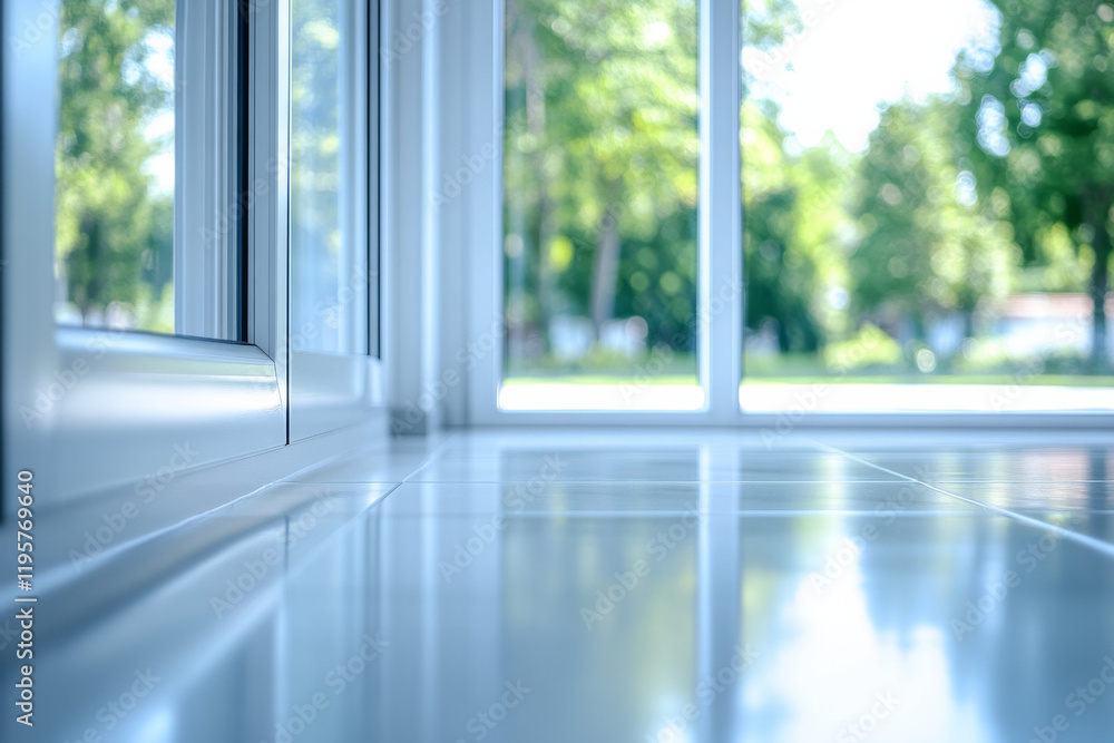 Bright sunlight illuminates a sleek floor in an airy room with large windows Bright sunlight illuminates a sleek floor in an airy room with large windows