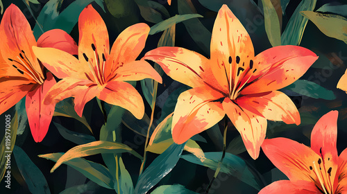 Lilies, in full bloom, vibrant colors brighten gardens with their bold, striking beauty. Brightfern. Illustration