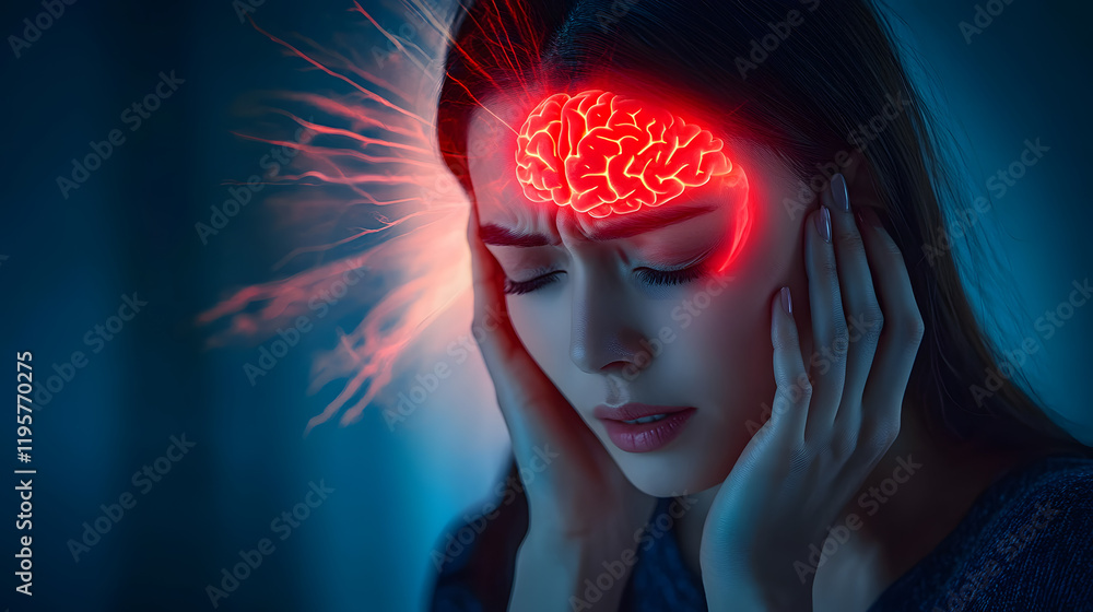 Woman experiencing severe headache with brain highlighted in red Woman experiencing severe headache with brain highlighted in red