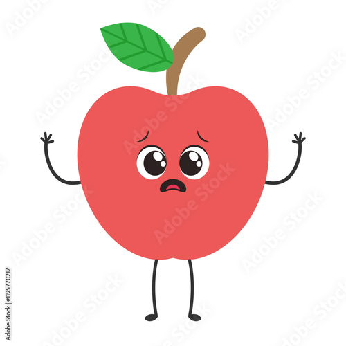 Sad Apple Cartoon: A cute cartoon apple with big, sad eyes and tiny arms raised in a gesture of despair.  The apple is red with a single green leaf.