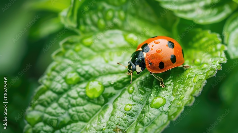 Vibrant ladybug on dew-kissed leaf in nature Vibrant ladybug on dew-kissed leaf in nature