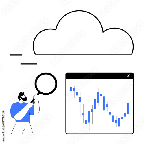 Man holding a magnifying glass near a graph with fluctuating stock market trends and cloud icon. Ideal for data analysis, cloud computing, finance, technology, investment, business growth, market