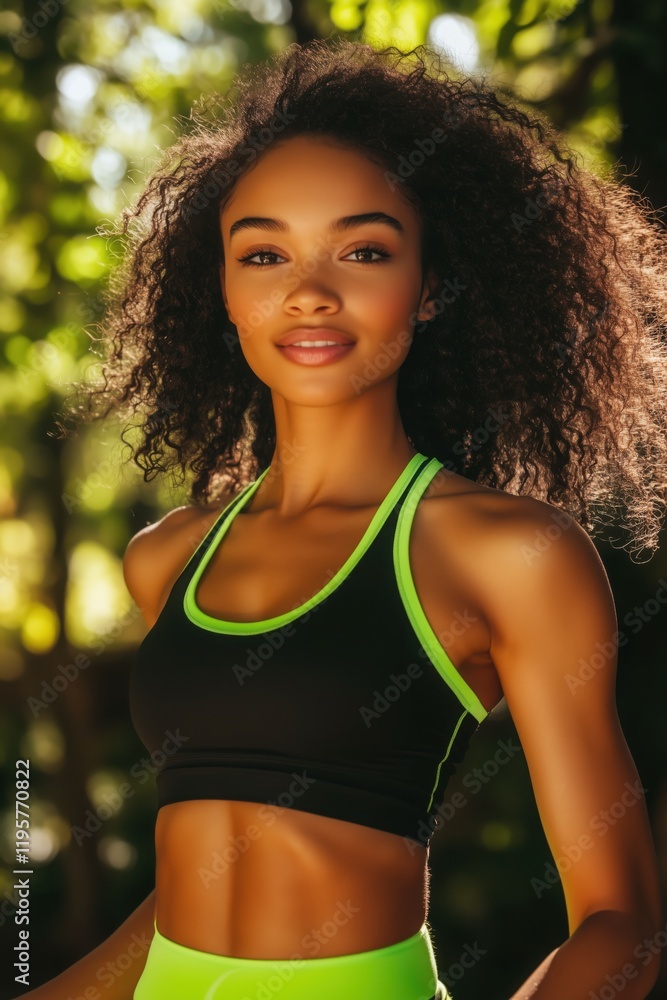 Fototapeta premium Color image of a beautiful and fit young woman jogging happily in a park.