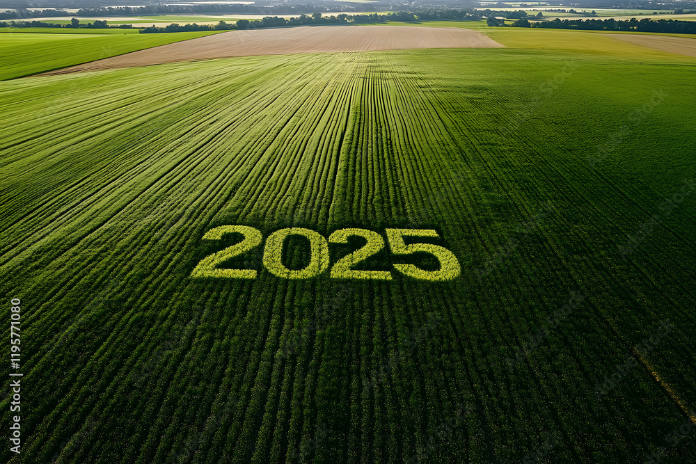 Obraz premium Aerial view shows 2025 inscribed on a green field, symbolizing progress