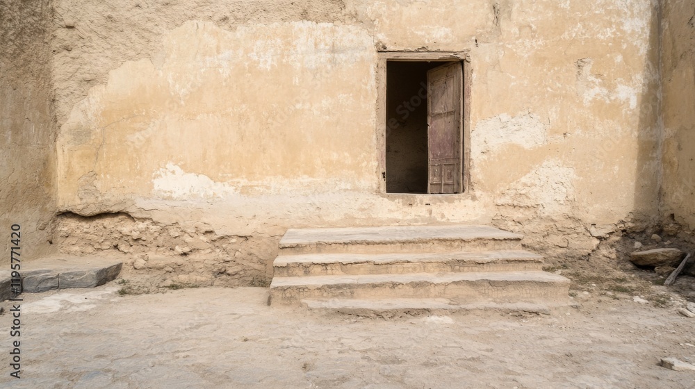 Old weathered tan stucco wall with open doorway and stone steps. Old weathered tan stucco wall with open doorway and stone steps.