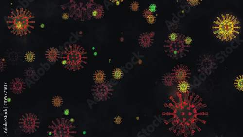 Abstract bright multicolored virus cells floating on dark background. CoV virus, infectious bacteria, cells vector medical illustration. Pandemic flu identification.