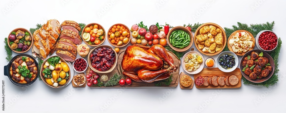 Festive holiday feast with roasted turkey and assorted sides on a rustic wooden board Festive holiday feast with roasted turkey and assorted sides on a rustic wooden board
