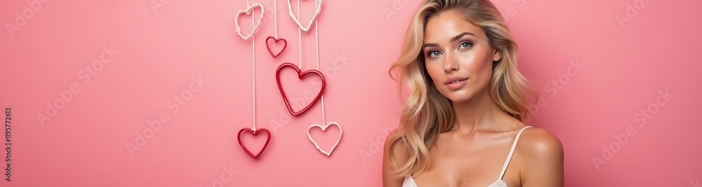 Fototapeta premium beautiful blonde woman portrait, pink heart background