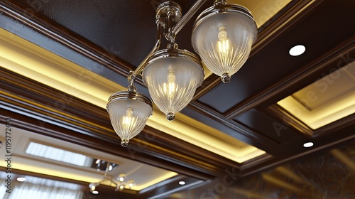 Elegant Chandelier, Interior Lighting, Wooden Ceiling, Recessed Lighting, Luxury Home Design photo