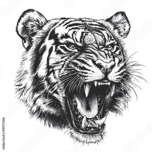 Roaring Tiger Head Illustration, Graphic Design, Black and White photo