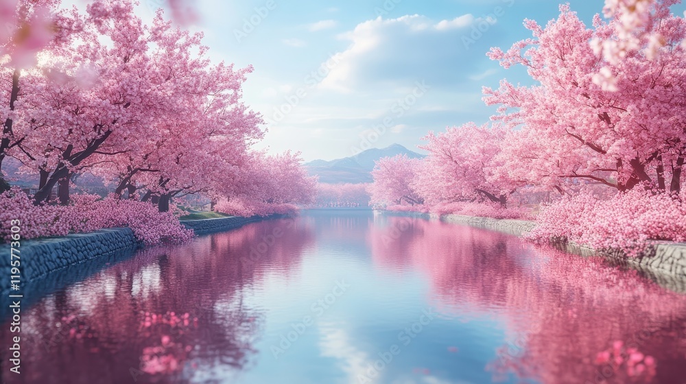 Serene cherry blossom river with pink trees reflecting in tranquil waters under blue sky Serene cherry blossom river with pink trees reflecting in tranquil waters under blue sky