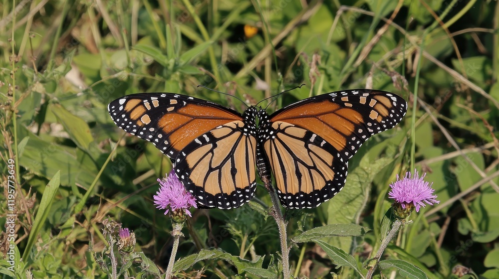 Monarch butterfly resting on wildflowers, meadow, summer Monarch butterfly resting on wildflowers, meadow, summer