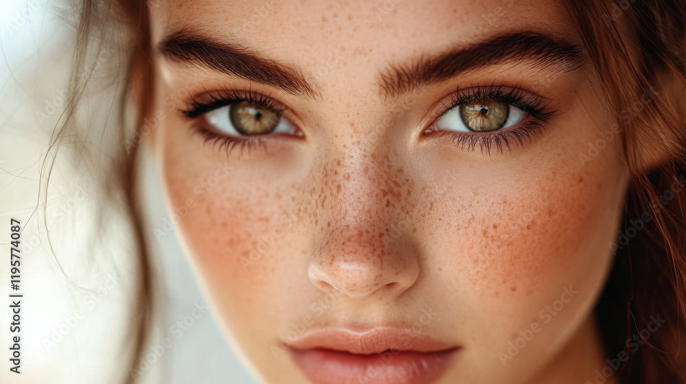 Fototapeta premium Captivating close-up of a young person with striking green eyes and freckles