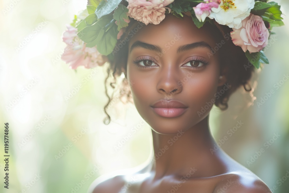 Close-up portrait of a young beautiful woman smiling and wearing a wreath of delicate flowers, daydreaming or meditating. Close-up portrait of a young beautiful woman smiling and wearing a wreath of delicate flowers, daydreaming or meditating.
